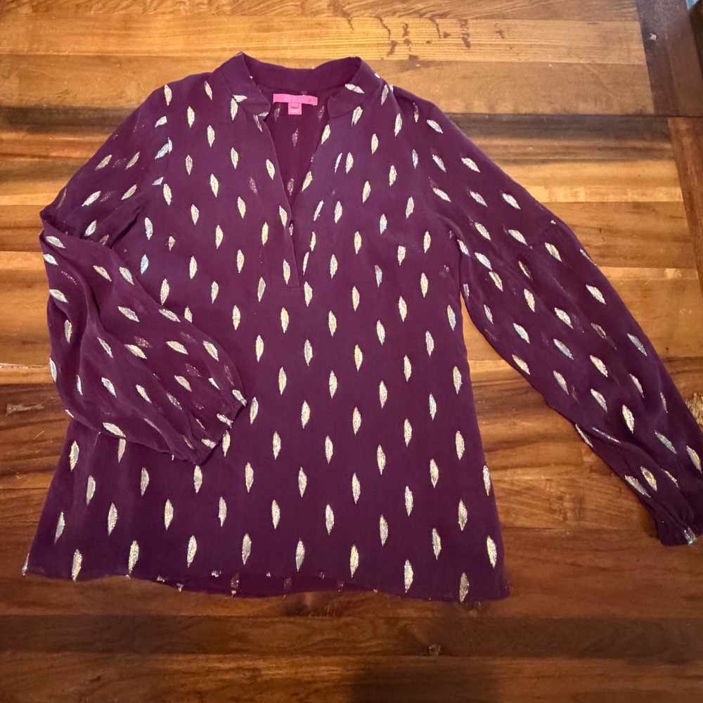 Lilly Pulitzer Purple Silk Metallic Clip Dot Blouse Split V-Neck Top Size L